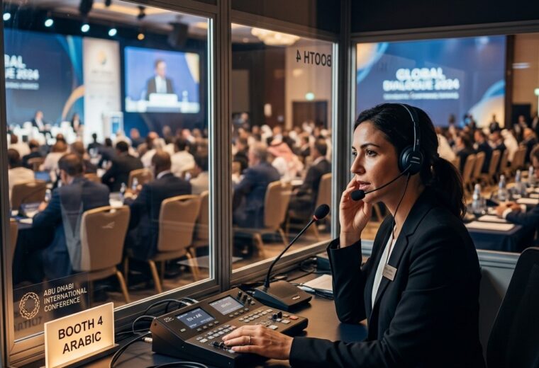 Professional simultaneous interpreter wearing h…