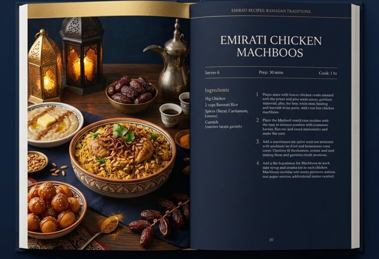 Elegant Ramadan recipe book spread with Emirati…