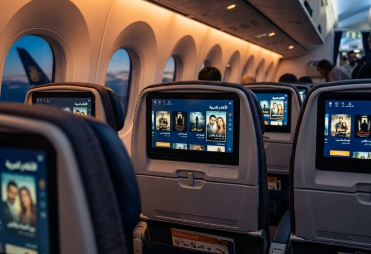 Airplane cabin interior at dusk, seat