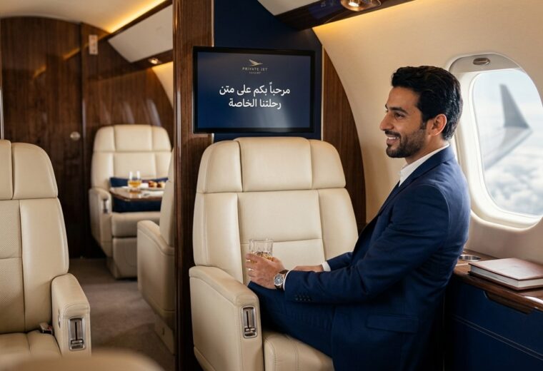 Luxury private jet cabin interior, cream leathe…