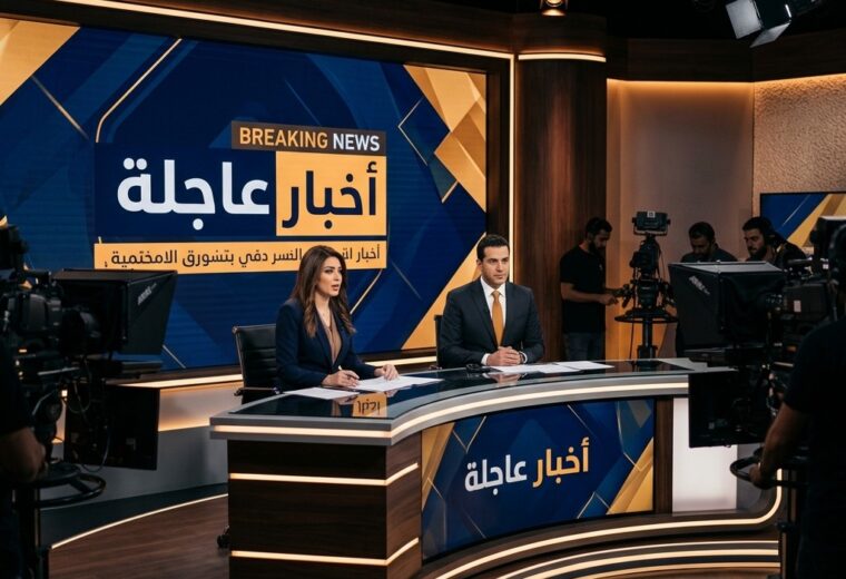 Modern Arabic newsroom studio with breaking