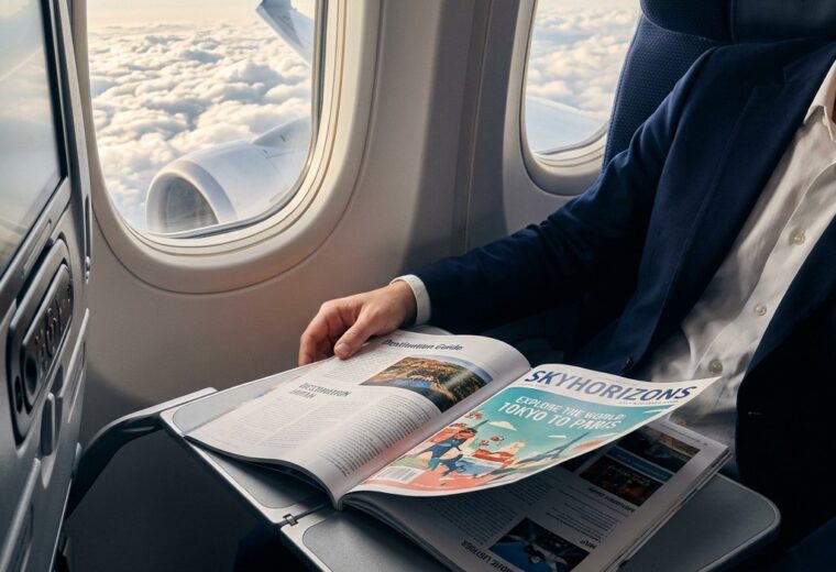 Open inflight entertainment magazine on a tray …
