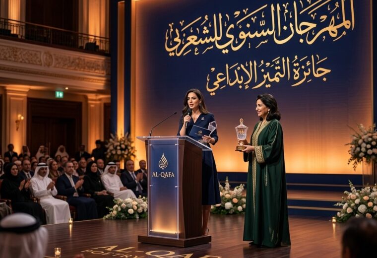 Poetry award ceremony stage with Arabic calligr…